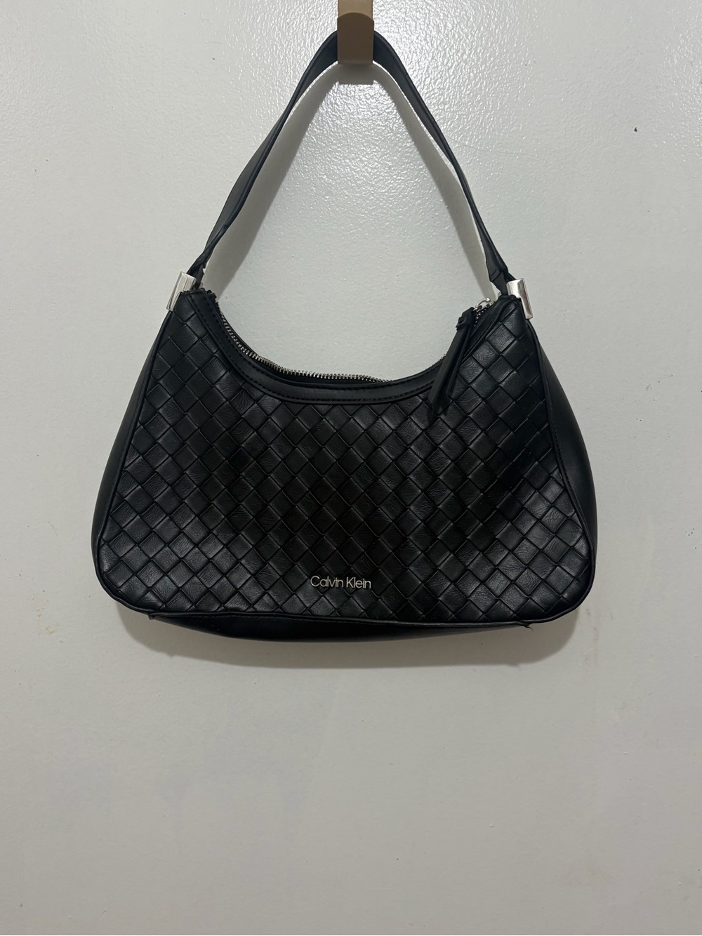 Calvin Klein Black Woven Shoulder Bag with Top Zip